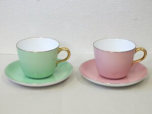 6501 ２客セット☆ 大倉陶園 色蒔き カップ＆ソーサー ライトグリーン ピンク ペア 金彩 OKURA ティーカップ コーヒーカップ