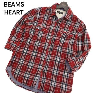 BEAMS HEART ビームス ハート 春夏 ７分袖 Ｗガーゼ★ ウエスタン チェック シャツ Sz.M　メンズ 赤　C4T02777_3#A