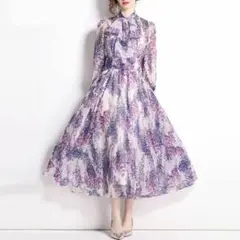 紫と白の花柄ロングシャツワンピース