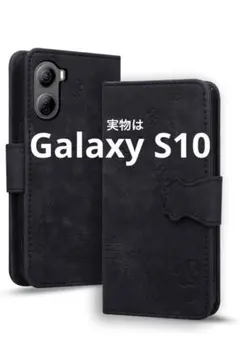 Galaxy S10 ケース 手帳型  ネコ　音符　ブラック　ストラップ付き