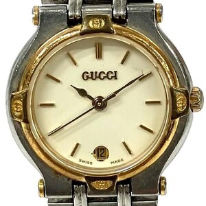 仙66 GUCCI 9000L 腕時計 デイト クォーツ アナログ 3針 グッチ QZ レディース アイボリー文字盤 ラウンド コンビカラー 純正ブレス