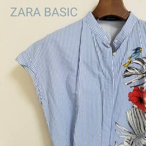 ZARA BASIC ザラベーシック シャツ ブラウス ロング丈 アームレット 花柄 ウエストリボン ストライプ ブルー 美シルエット サイズＭ ｍ197