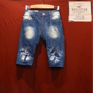 HOLLISTER CALIFORNIA ホリスター デザイン 色落ち 加工 国旗 2WAY 7部丈 ハーフ デニム パンツ ジーンズ インディゴ 濃紺 32 美品