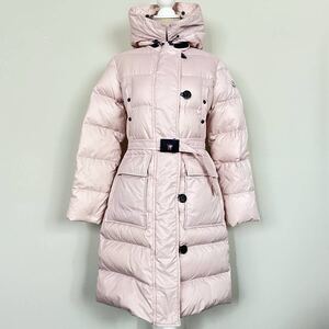 MONCLER モンクレール ロングダウンコート フード・ベルト付 ピンク ハンガリー製 サイズ０ CLASSE1 袖リブ 付属ファーなし チンストラップ