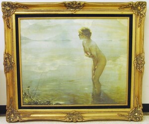 23-H-362 ポール・シャバ 『9月の朝』 裸婦　人物画　額装　絵画　複製画　レプリカ　木製額縁　ゴールド　サイズW82×H72cm　アンティーク