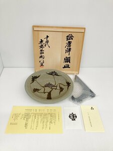 未使用 十三代 中里太郎右衛門窯 絵唐津 額皿 共箱入り Nakazato Taroemon XIII kiln Brush decorated Karatsu forehead plate