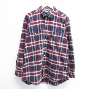 XL/古着 トミーヒルフィガー 長袖 ブランド シャツ メンズ 90s ワンポイントロゴ ロング丈 コットン 紺他 ネイビー チェック 24jun06