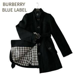 ☆BURBERRY BLUE LABEL☆バーバリーブルーレーベル 羊毛アンゴラ ベルト付コート 裏地チェック