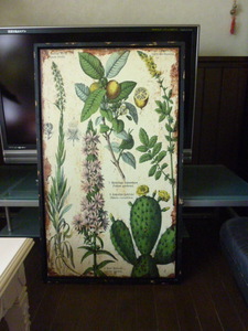 シャビーシック　室内インテリア　アンティーク　パネル アート(古く見せかけた絵画）　装飾家具　植物画　　