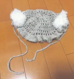 ハンドメイド グレー 帽子 ファー付き 編み物