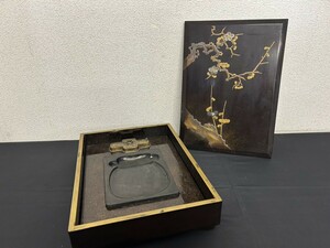 旧家蔵出　漆器　硯箱　蒔絵　硯箱　螺鈿　花　細密細工　箱付　旧家蔵出　A3　時代漆器　共箱付き　工芸品　骨董品　硯　時代名品　現状品