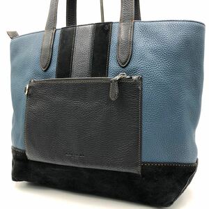 1円【極美品】COACH コーチ メトロポリタン メンズ ビジネス トートバッグ 肩掛け A4 大容量 レザー シボ革 スウェード ブラック ブルー