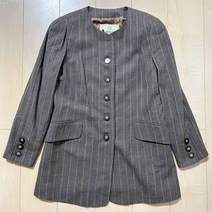 90s　フランス製　Aquascutum　アクアスキュータム　ストライプ　ノーカラージャケット　レディース　Lサイズ相当