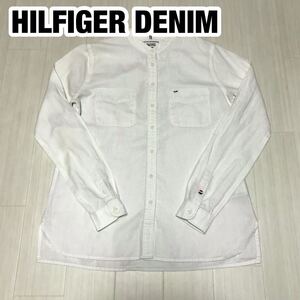 HILFIGER DENIM ヒルフィガーデニム 長袖 ノーカラーシャツ XS ホワイト フラッグロゴ リネン混