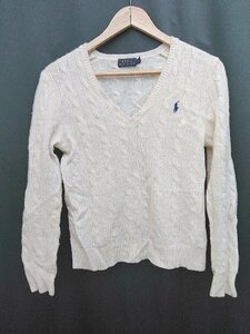 ◇ POLO RALPH LAUREN Vネック ポニー ウール ケーブルニット 長袖 セーター サイズSP 160/84A アイボリー レディース P