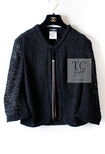 シャネル カーディガン CHANEL ブラック 黒 CC シルバー チェーン コットン ストレッチ 上質 ポインテル編み ニット 定番 人気 38