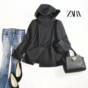 美品 ZARA BASIC ザラ ベーシック ■ 冬 真冬 ほんのりMIX フード一体 ウールコート ウールジャケット ダークグレー L ロゴボタン Pコート