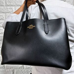 大容量/A4収納◎ コーチ COACH メンズ A4収納 ビジネス トートバッグ 肩掛け ロゴ金具 レザー 本革 ブラック 黒