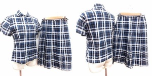 tabi セットアップ シャツ 半袖 スカート フレア ロング チェック 麻 リネン M 紺 ネイビー /RT レディース