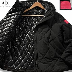 極美品/Lサイズ●アルマーニ エクスチェンジ ダウンジャケット パーカー フード ARMANI EXCHANGE 中綿キルティング 肩ロゴワッペン 黒