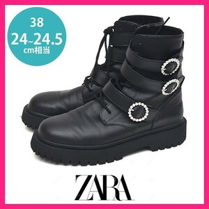 美品 ザラ ZARA ラインストーンバックル ショートブーツ ブラック 黒 38(約24-24.5cm) sh24-1266