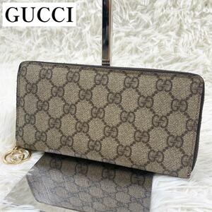 【極美品】GUCCI グッチ GGスプリーム スーキーチャーム ラウンドファスナー GG柄 ラウンドジップ 長財布 ブラウン 212110