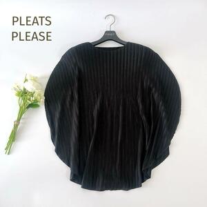 未使用級☆PLEATS PLEASE☆プリーツプリーズ 変形ブラウス 半袖 ブラック黒 サイズ3