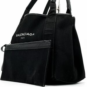 1円【格安】BALENCIAGA バレンシアガ ハンドバッグ トート ネイビーカバスS ポーチ付き キャンバス レザー レディース ブラック 黒色