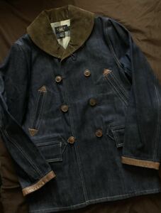 【名作】極美品 RRL DENIM RANCH COAT ダブルアールエル ランチコート ショールカラー コーデュロイ レザー インディゴ リジッド S