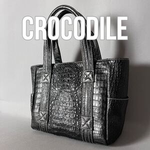 ★１円スタート★ カイマン クロコダイル crocodile ワニ革 鰐革 トートバッグ ハンドバッグ ブラック 黒 エキゾチックレザー G53.