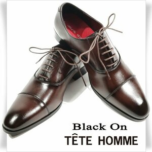 新品1円～★定価1.4万 Black On TETE HOMME テットオム アクションレザー ビジネスシューズ 26.5cm ダークブラウン濃茶 ストレート◆8583◆