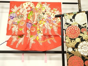 平和屋着物■七五三　女の子　3歳　祝着・丸帯セット　刺繍　御所車花文　金彩　逸品　DAAI8118az