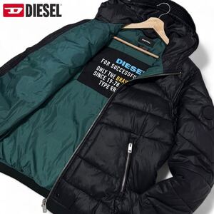 極美品/L相当●DIESEL ディーゼル 極暖 ダウンジャケット ブルゾン フード 裏地プリント シャイニー光沢ブラック 黒 中綿 ブレイブマンロゴ