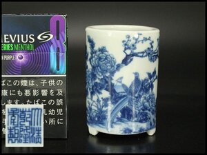 【銀閣】中国美術 青花 花鳥紋 筆筒 乾隆年製 高8cm 文房具 旧家蔵出 送料無料(HA414)