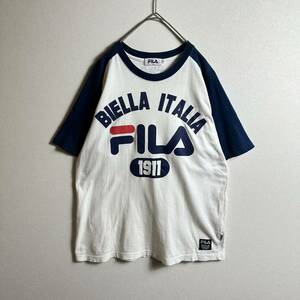 フィラ　ラグランTシャツ　Lサイズ　半袖　センターロゴ　y2k ホワイトネイビー　FILA