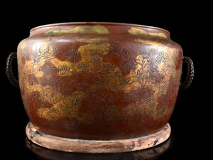 【雲】某名家収蔵品 銅製 蝶花彫刻耳付瓶掛 火鉢 35×47×25.5cm 古美術品(茶道具)Y4365 UTsgvfa