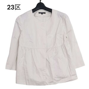 23区 春夏 7分袖♪ 切替 ノーカラー コットン シャツ ジャケット Sz.38　レディース　K4T01257_8#D