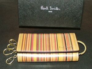 353　新品本物即決　ポールスミス　Paul Smith　牛革　マルチストライプ　4連キーケース　テールリング付き　箱付ヴィンテージマルチカラー