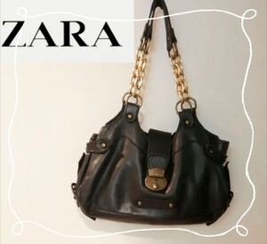 早いもの勝ち〜即決・期間限定sale!!!本革★美品・オシャレ★ZARA allリアルレザー チェーン ショルダー バッグ 【黒・ブラック】★鍵付き