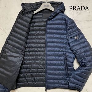 PRADA プラダ ダウンジャケット パーカー フード ブルゾン アウター Lサイズ/size48 三角ロゴプレート 軽量 高級感◎ ネイビー 紺 メンズ