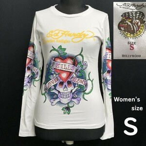 USA製★エドハーディー/Ed Hardy★スカル/ドクロ/ラインストーン装飾/長袖Tシャツ/ロンT【レディースS/白/white】Tops/Shirts◆pBH754