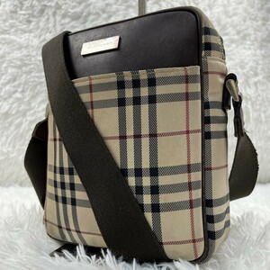 1円〜◎ BURBERRY ショルダーバッグ ノバチェック レザー キャンバス バーバリー クロスボディ 斜め掛け ブラウン系