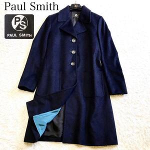 美品!!42/XL◎Paul Smith ポールスミス ロングコート チェスターコート 上質カシミヤ 女優襟 ウール バイカラー レディース ネイビー 紺色