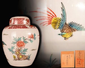 U223 【泉美】李悦造？ 中国風 花鳥紋 飾壷 茶壷 壺 茶道具 共箱入