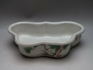 061910粉彩扇形鉢　筆洗　松鶴仙人絵　雅趣　京江慶華出品　中国景徳鎮美術焼物　24061703