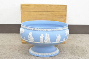 B◆WEDGWOOD ウェッジウッド ジャスパー コンポート ペールブルー 脚付 高台付鉢 陶器 高さ約13㎝ 口径約20cm 共箱付