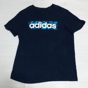 ☆adidas.com アディダス サイズL 半袖Tシャツ スポーツ フアッション ウェア ティー ネイビー紺ライト水色ブルー青ホワイト白COTTON100TEE