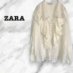 【ザラ】ZARA フリルコットンブラウス(XS)フロントボタン　透け感　シアー