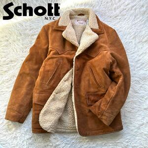 1円【希少40 LL XL】Schott ショット ムートン ランチコート ジャケット WESTERN 359 USA製 スウェード 裏ボア 牛革 レザー 本革 ブラウン