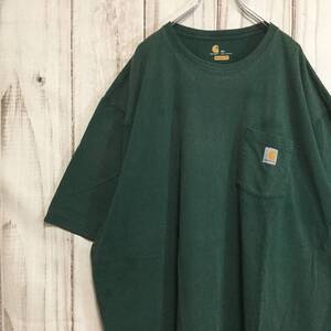 【カーハート 半袖Tシャツ】超ビッグサイズ ロゴワッペン ポケット 4XL(5L)以上相当 緑 Carhartt 古着 [240406-015]